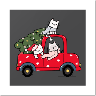 cute kitten cat with christmas tree on red truck car Posters and Art